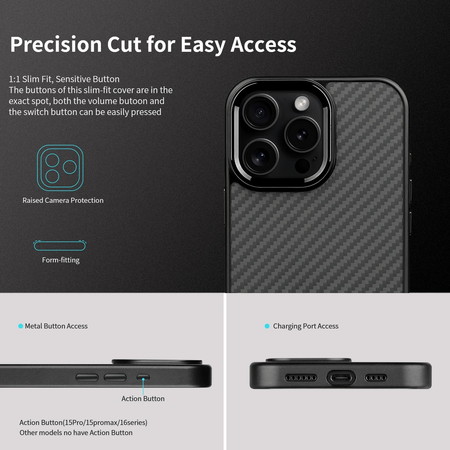 Aramid Carbon Fiber Case – Tactical Slim Fit for iPhone 14 / 14 Pro / 14 Plus / 14 Pro Max | MagSafe & Metal Detailing